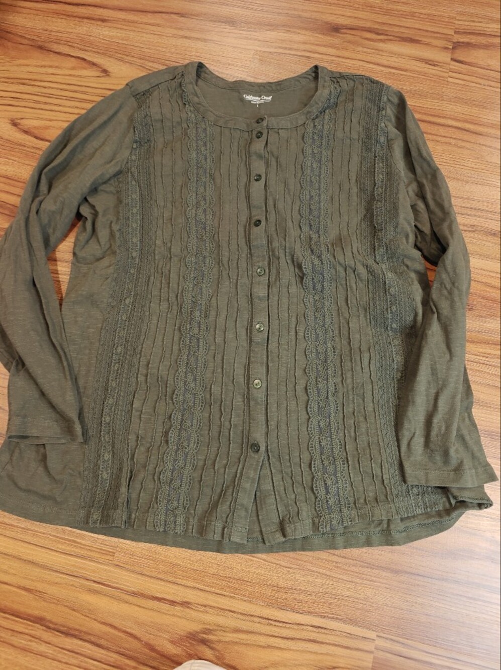 Coldwater Creek Olive Green Lace-Trim Button Front Blouse